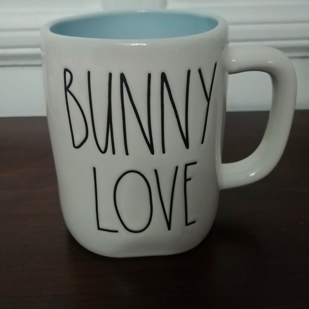 Rae Dunn Artisan Collection by Magenta Bunny Love White Blue Coffee Mug Cup